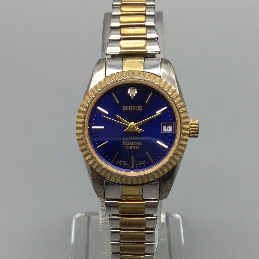 Benrus Womens Watch 24mm Blue Dial Two Tone Diamond Date Stretch New Battery